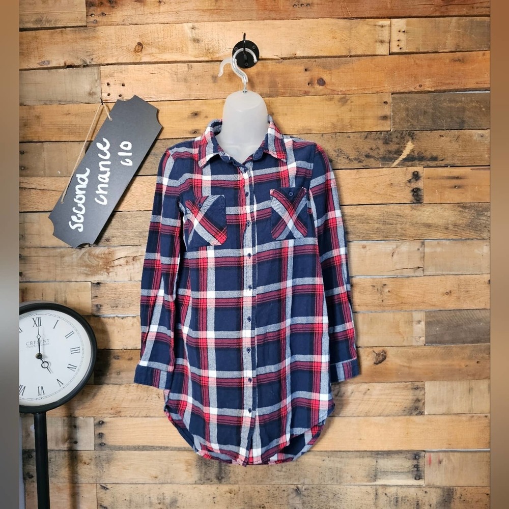 Vanilla Star women's plaid red,white & blue button tunic top size small